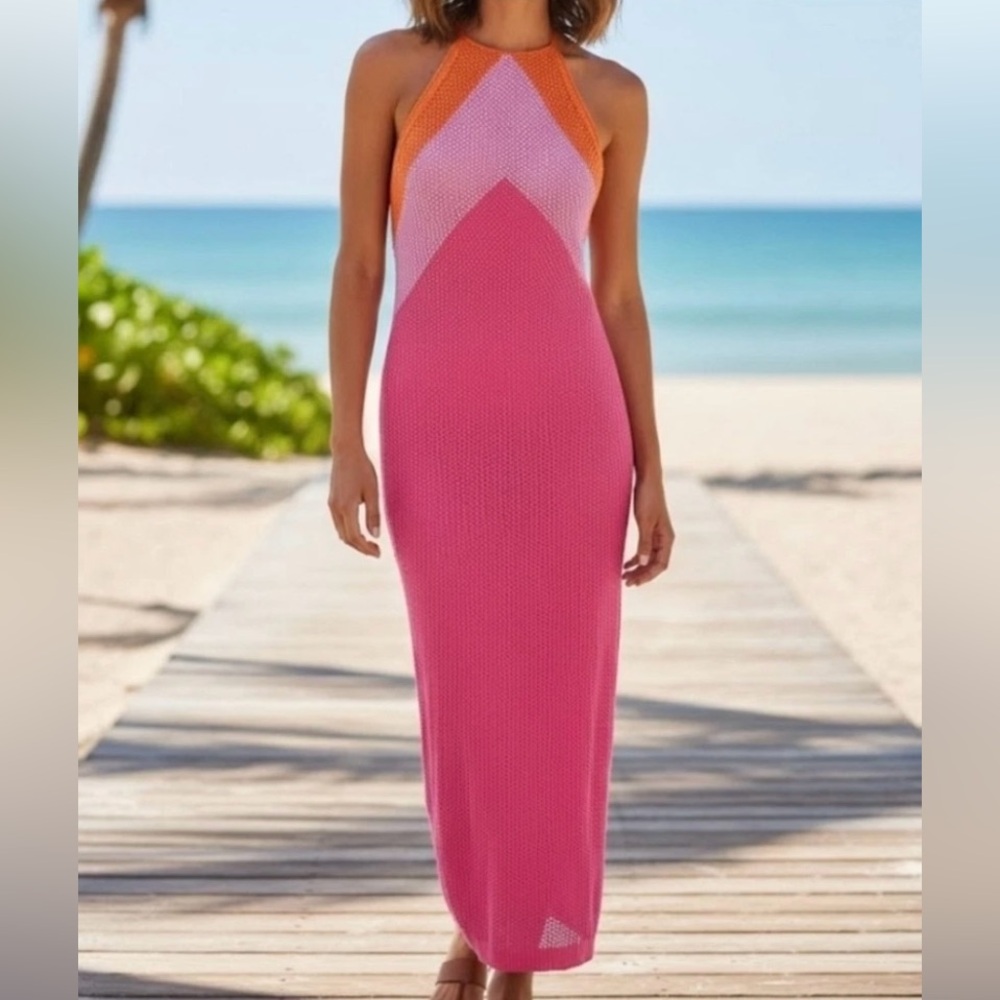 NWT B. Right Crochet Colorblock Halter Cutout Maxi Dress Pink Orange Large NEW